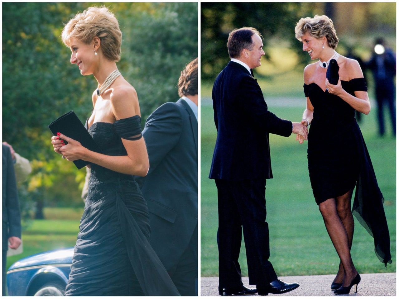 Left: Elizabeth Debicki as Princess Diana in Season 5 of "The Crown"; Right: Princess Diana wearing what became known as the "revenge dress" on June 29, 1994.