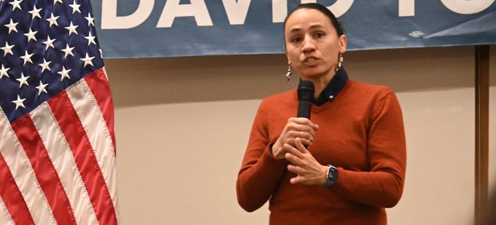 Rep. Sharice Davids (D-Kan.) at a campaign rally Sunday in Shawnee on Nov. 6. Her congressional district was redrawn in May in an effort to turn it more red.