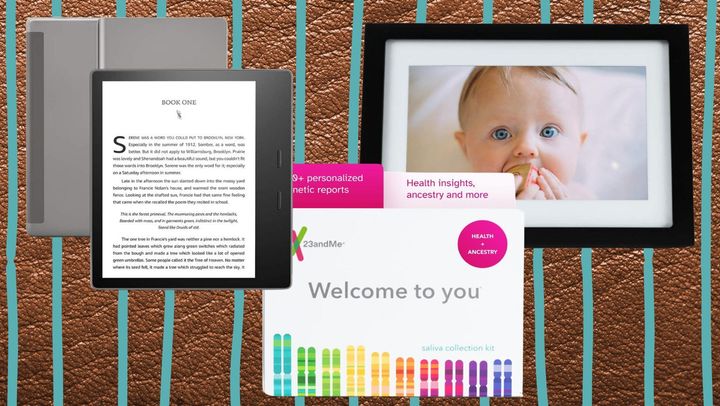 A large display Kindle Oasis, a 23andMe personal genetics kit and a Skylight digital picture frame.