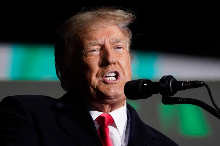 Former President Donald Trump speaks Monday at a campaign rally in support of Ohio Senate candidate J.D. Vance at Dayton International Airport. Most of his speech, however, was about himself and his grievances.