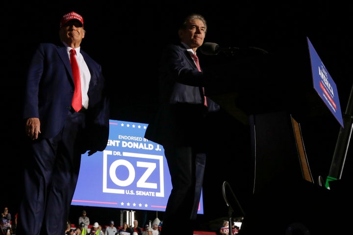Mehmet Oz, the Republican nominee for a U.S. Senate seat in Pennsylvania, speaks at a rally alongside former President Donald Trump in Latrobe, Pennsylvania, on Saturday.