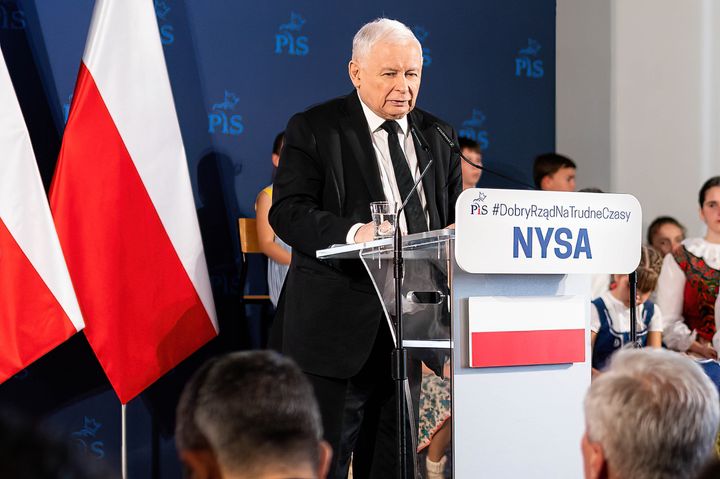 Jaroslaw Kaczynski seen speaking to the crowd gathered at the hall of the High School in Nysa