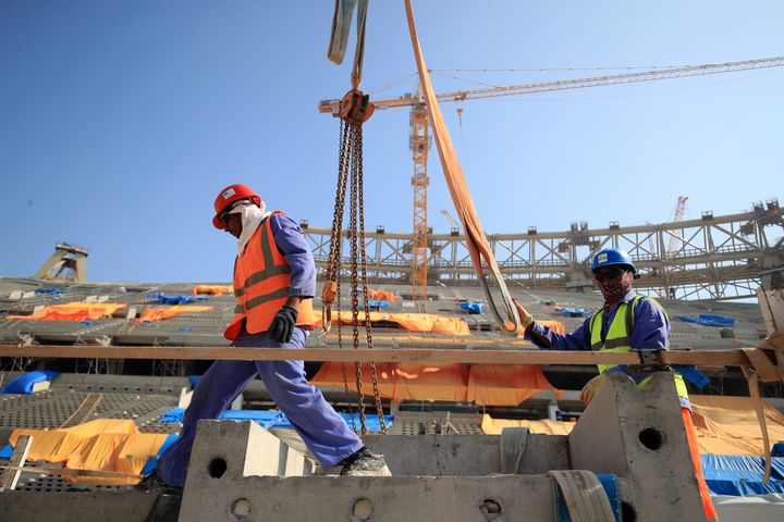 Construction workers continue working on the Lusail Stadium in Lusail, Qatar. 