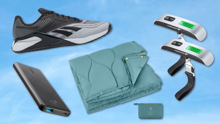 A Reebok Nano X2 women's shoe, Anker portable charger, EEZEE travel blanket and Fosmon digital luggage scales