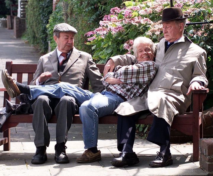Tom Owen (centre) with Peter Sallis (left) and Frank Thornton (right) on the set of Last Of The Summer Wine