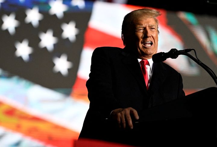 Former US president Donald Trump speaks at a rally to support Republican candidates ahead of midterm elections, in Dayton, Ohio.