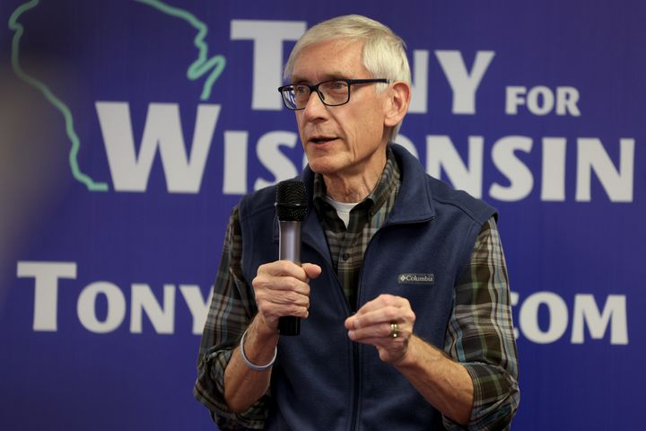 Wisconsin Gov. Tony Evers speaks with supporters during a canvas launch event Monday in Milwaukee.