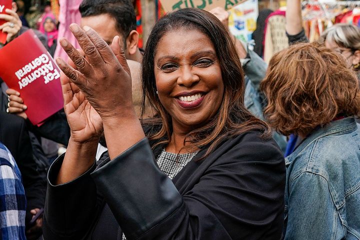 New York Attorney General Letitia James attends a campaign rally with community leaders in the Jackson Heights neighborhood in the Queens borough of New York, on Nov. 1, 2022. 