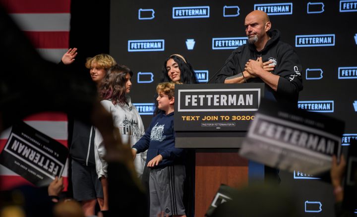 Democratic Senate candidate John Fetterman speaks to supporters with his family during an election night party at StageAE on November 9, 2022 in Pittsburgh, Pennsylvania. Fetterman defeated Republican Senate candidate Dr. Mehmet Oz. (Photo by Jeff Swensen/Getty Images)