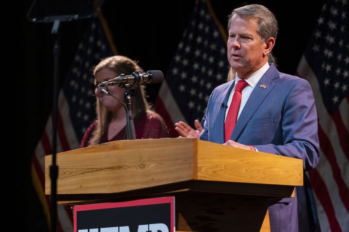 Governor Brian Kemp gives a speech celebrating his re-election victory at the Coca Cola Roxy in Atlanta, Georgia on November 8th, 2022. (Photo by Nathan Posner/Anadolu Agency via Getty Images)