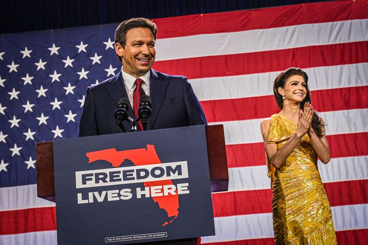 Republican gubernatorial candidate for Florida Ron DeSantis with his wife Casey DeSantis speaks to supporters during an election night watch party at the Convention Center in Tampa, Florida, on November 8, 2022. - Florida Governor Ron DeSantis, who has been tipped as a possible 2024 presidential candidate, was projected as one of the early winners of the night in Tuesday's midterm election. (Photo by Giorgio VIERA / AFP) (Photo by GIORGIO VIERA/AFP via Getty Images)