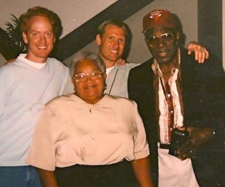 The author (center) with his husband, Patrick Bristow (far left), Mamie, and Mamie’s husband, Gene (far right), at the Shoah Foundation in 1997.