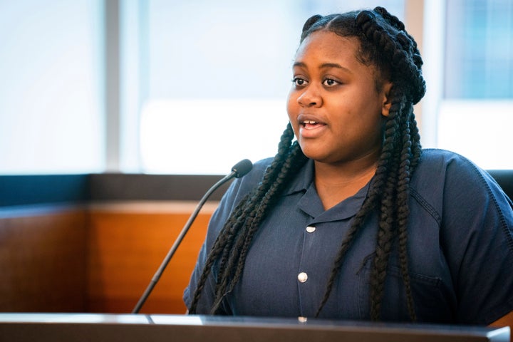 Pieper Lewis is seen during a sentencing hearing in September. The 18-year-old sex trafficking victim could face a prison term after she walked away last week from a Des Moines women’s shelter where she was serving probation for a manslaughter conviction.