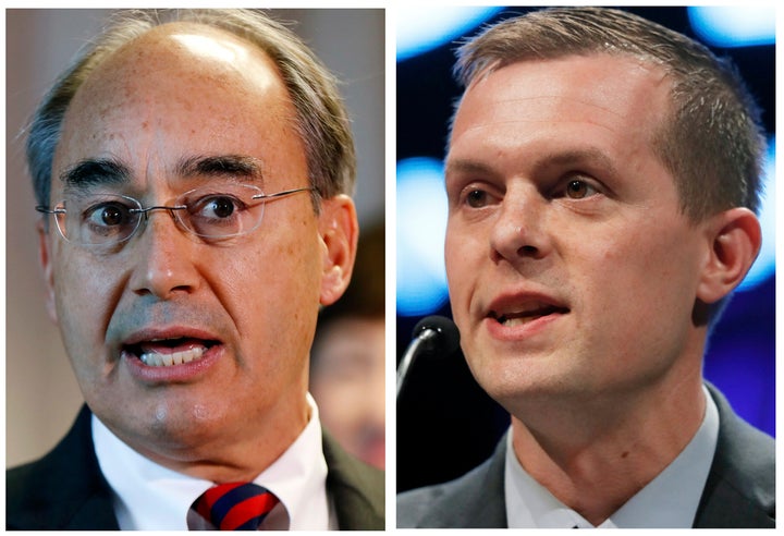 Former Rep. Bruce Poliquin (R-Maine), left, is seen in 2017, and Rep. Jared Golden (D-Maine), at right, is seen in 2018.