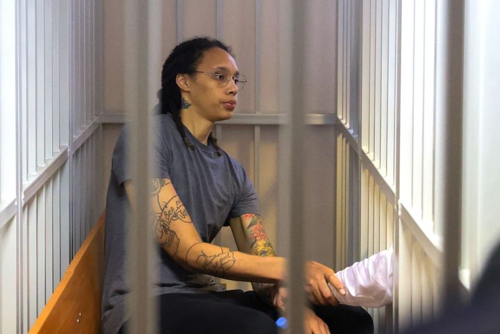 Brittney Griner sits inside a defendants' cage during court proceedings in Moscow this past August. 