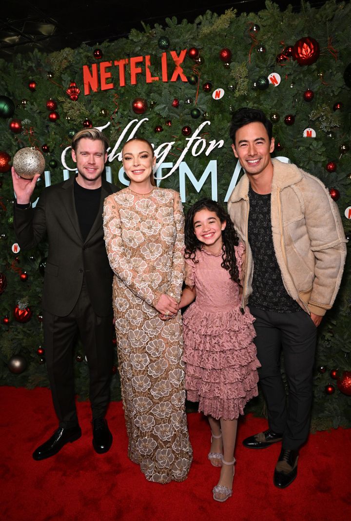 From left, actors Chord Overstreet, Lohan, Olivia Perez and George Young at the "Falling for Christmas" premiere in New York.