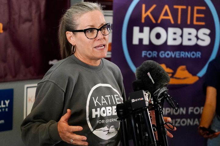 Katie Hobbs, Democratic candidate for Arizona governor, speaks to supporters at a campaign event in Peoria, Ariz., Monday, Nov. 7, 2022. (AP Photo/Ross D. Franklin)