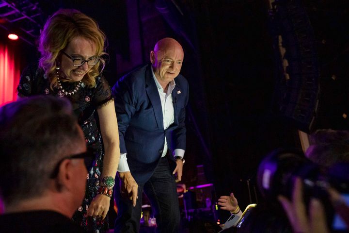 Sen. Mark Kelly, D-Ariz., greets supporters at an election night event in Tucson, Ariz., Tuesday, Nov. 8, 2022.(AP Photo/Alberto Mariani)