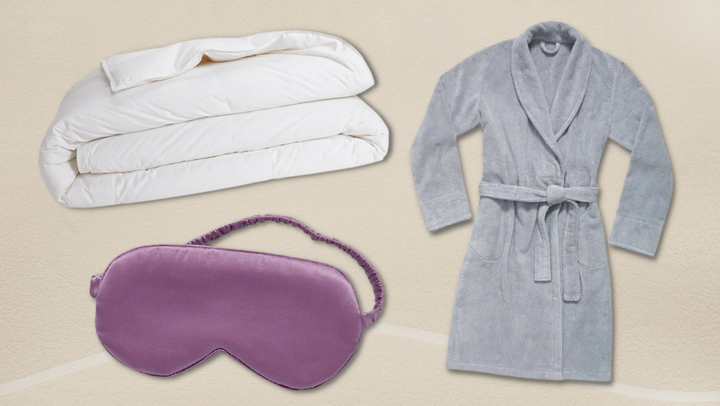 A down comforter, silk eye mask and plush robe from Brooklinen.