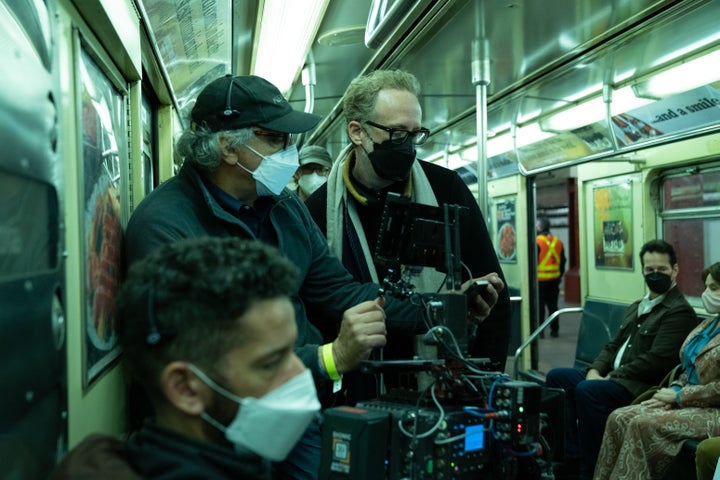 Director of photography Darius Khondji, left, and Gray on the set of "Armageddon Time."