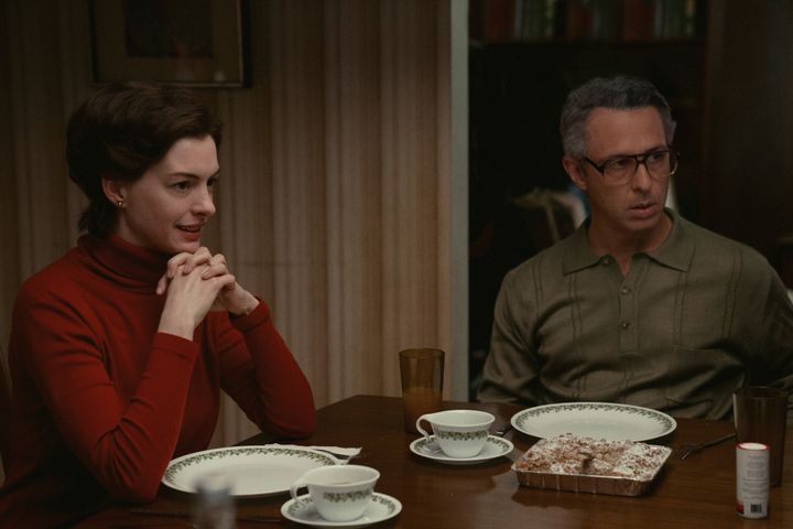 Esther (Hathaway) and Irving (Jeremy Strong) in a dinner scene from "Armageddon Time."
