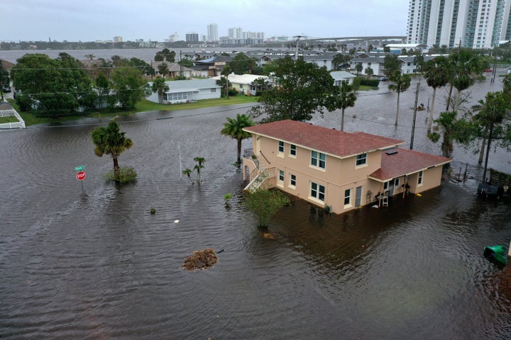 Flood water surrounds a building in Daytona Beach, Florida, on Thursday. Nicole came ashore as a Category 1 hurricane before downgrading.