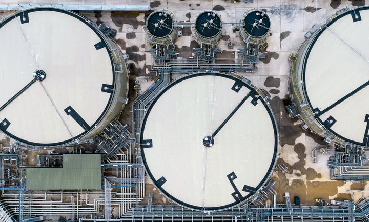 Overhead aerial view of storage tanks at an oil depot