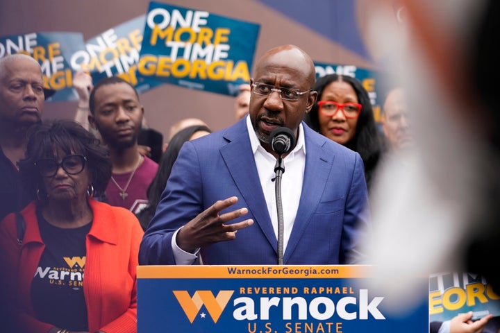 Democratic nominee for U.S. Senate Sen. Raphael Warnock speaks during a news conference, on Nov. 10, 2022, in Atlanta. Warnock is running against Republican Herschel Walker in a runoff election.