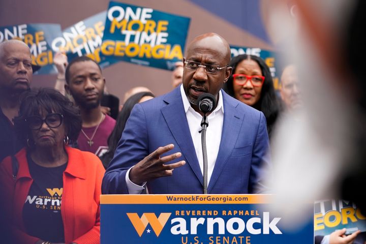 Democratic nominee for U.S. Senate Sen. Raphael Warnock speaks during a news conference, on Nov. 10, 2022, in Atlanta. Warnock is running against Republican Herschel Walker in a runoff election. 