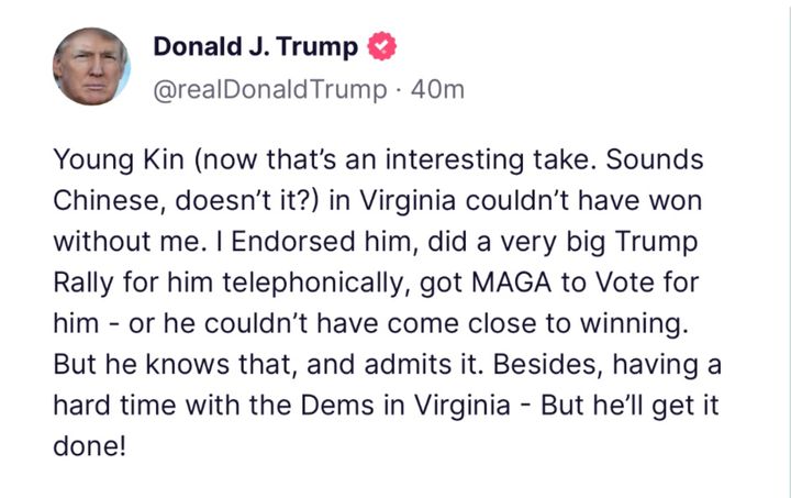 Donald Trump attempts to cast aspersions on Virginia governor Glenn Youngkin by suggesting his name "sounds Chinese."