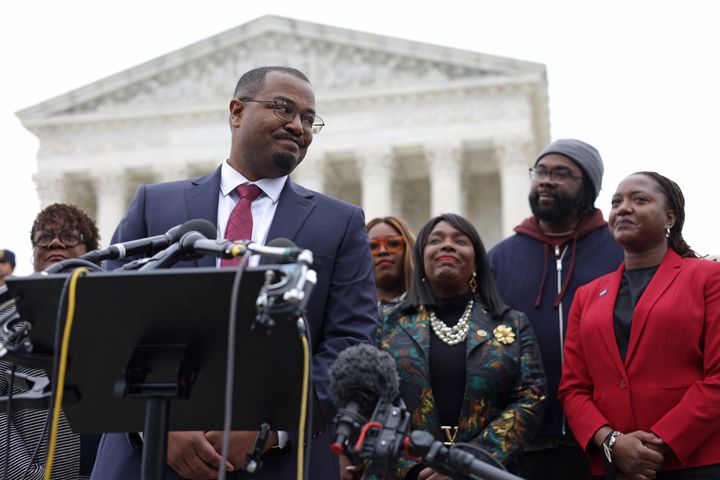 NAACP Legal Defense Fund's Deuel Ross appears in front of the Supreme Court before arguing that the court should uphold lower court decisions finding Alabama imposed racially discriminatory maps on the state.