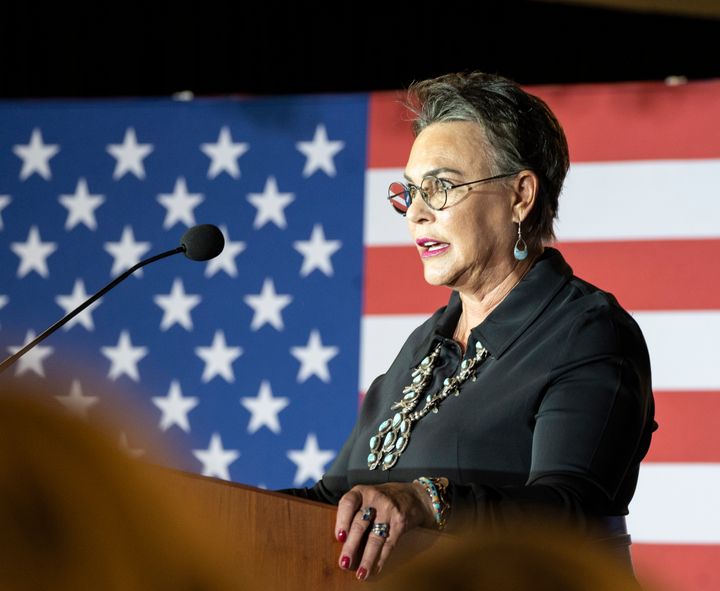 Wyoming Republican congressional candidate Harriet Hageman speaks during a primary election night party on Aug. 16 in Cheyenne. Hageman, backed by former President Donald Trump, defeated GOP incumbent Liz Cheney in the primary and won the House seat lost Tuesday.