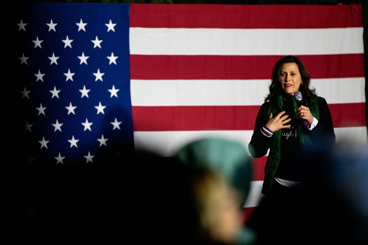 Michigan Gov. Gretchen Whitmer speaks at a campaign rally Monday at Michigan State University in East Lansing, her last stop before Election Day.