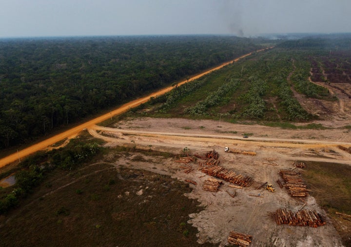 An area of forest on fire near a logging area in the Transamazonica highway region, in the municipality of Humaita, Amazonas state, Brazil, Sept. 17, 2022.