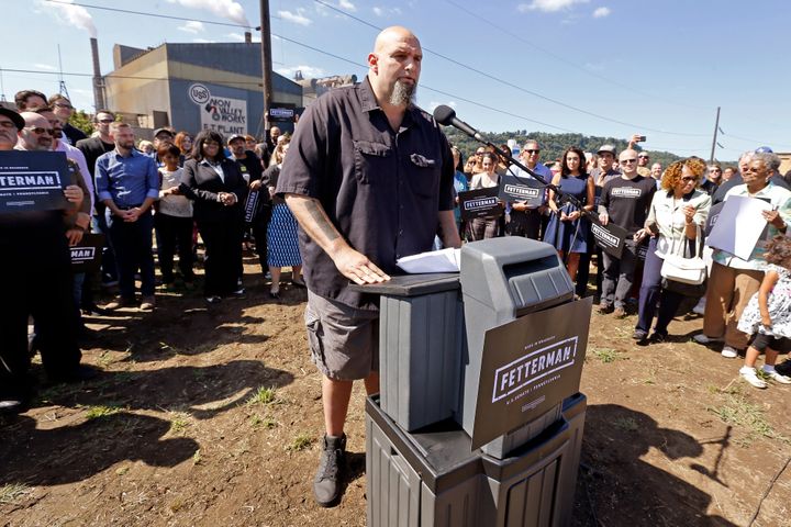John Fetterman announces his first candidacy for U.S. Senate in front of the Edgar Thomson Plant, a steel mill in Braddock, on Sept. 14, 2015.