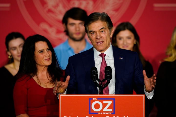 Mehmet Oz speaks to supporters at an election night rally in Newtown, Pennsylvania. Oz never overcame resistance to his lack of ties to Pennsylvania.