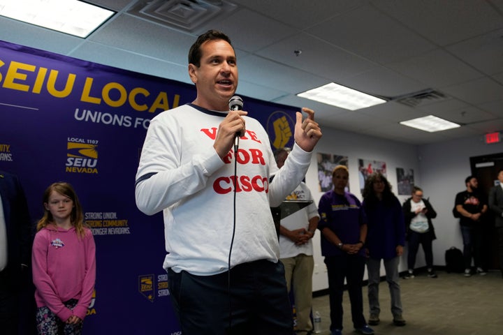 Cisco Aguilar, candidate for Nevada Secretary of State, speaks at a campaign event Tuesday, Nov. 8, 2022, in Las Vegas. (AP Photo/John Locher)