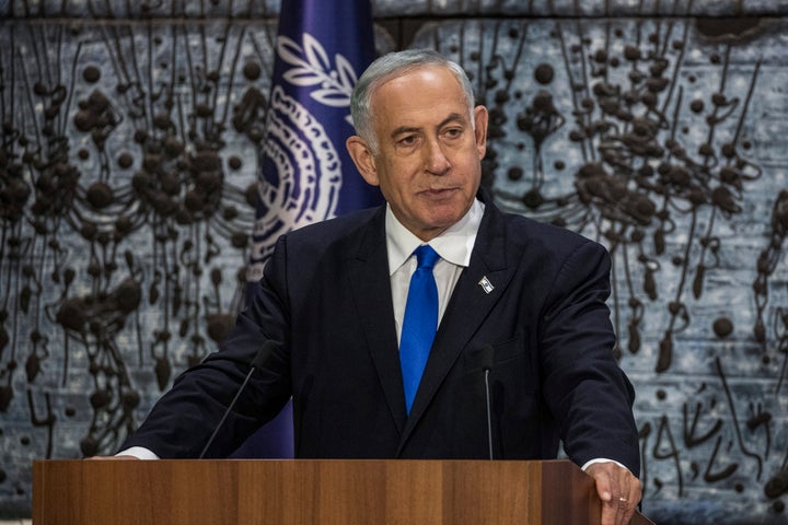 Likud leader and former Israeli Prime Minister Benjamin Netanyahu speaks at the president's residence where he received mandate from Israeli President Isaac Herzog to form a government.