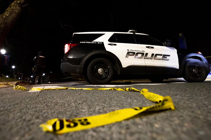 A Charlottesville Police vehicle is seen during an active shooter situation on the University of Virginia campus in Charlottesville, Va., on Monday.