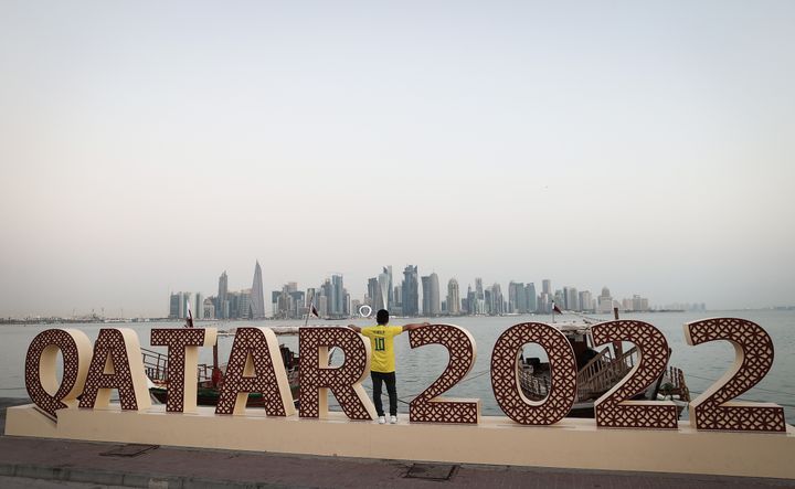 Fans of Brazil gather at the Corniche Waterfront ahead of the FIFA World Cup Qatar 2022 on November 14, 2022