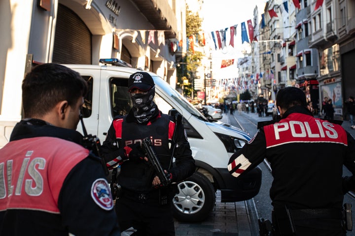 ISTANBUL, TURKEY - NOVEMBER 13: Emergency personnel investigate the scene after an explosion occurred on Istiklal street, a busy pedestrian thoroughfare on November 13, 2022 in Istanbul, Turkey. It is unclear what caused the explosion that left at least four people dead and dozens injured, according to the city’s governor. The previous terrorist attack in Istanbul was in 2017, a nightclub mass shooting incident killing 39 people and wounded 79 others. (Photo by Burak Kara/Getty Images)