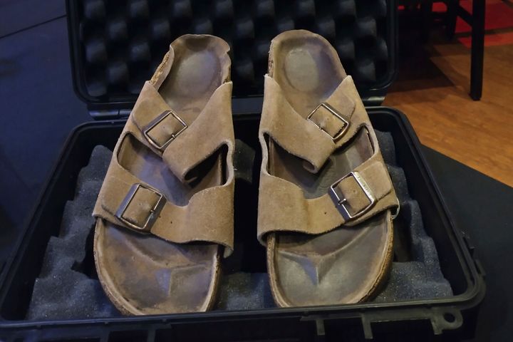 Steve Jobs' Birkenstock sandals have been sold for nearly $220,000, according to Julien's Auctions. (Julien's Auctions via AP)