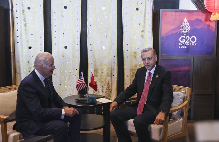BALI, INDONESIA - NOVEMBER 15: Turkish President Recep Tayyip Erdogan (R) meets with United States President Joe Biden (L) as part of the G20 leaders' Summit in Nusa Dua, on the Indonesian resort island of Bali on November 15, 2022. (Photo by Emin Sansar/Anadolu Agency via Getty Images)