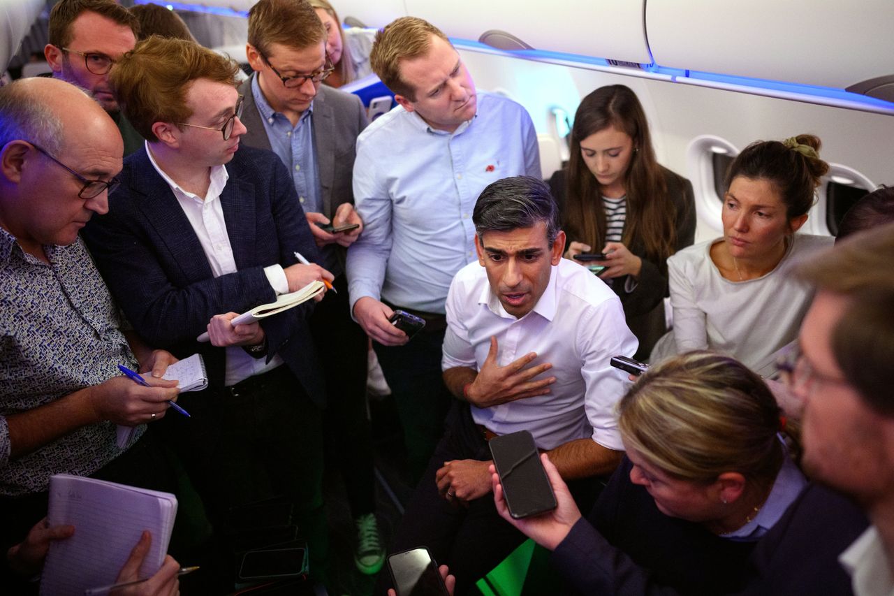 Rishi Sunak holding a "huddle" press conference with political journalists on board a Government aeroplane on November 13, 2022 inflight to Indonesia, prior to G20.