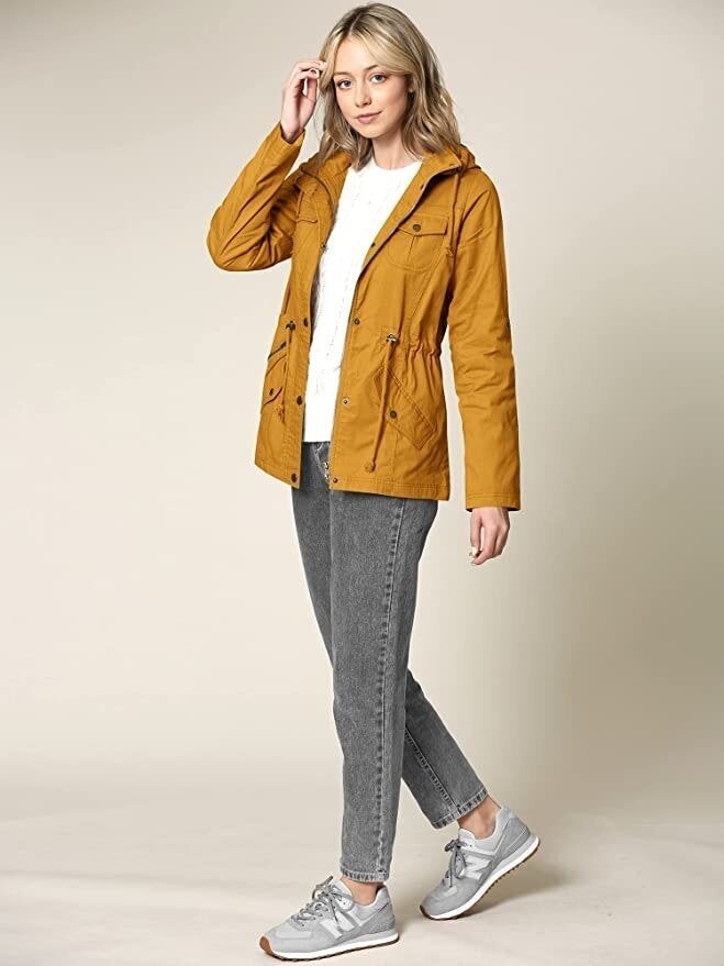 A trendy safari-style jacket with a removable hood