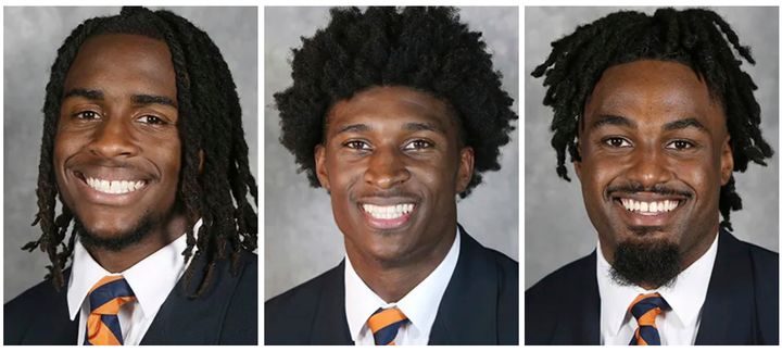 This combination of undated images provided by University of Virginia Athletics shows NCAA college football players, from left, Devin Chandler, Lavel Davis Jr. and D'Sean Perry. (University of Virginia Athletics via AP)