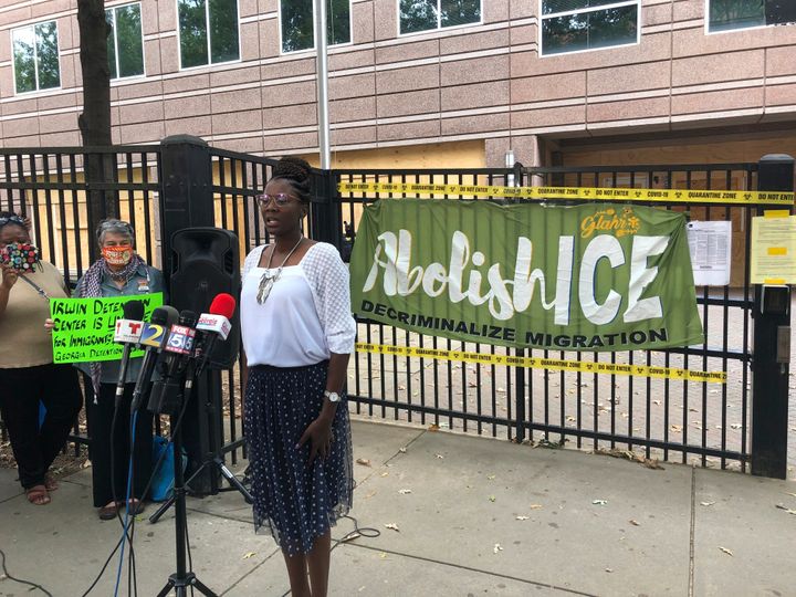 Dawn Wooten, a nurse at Irwin County Detention Center in Ocilla, Georgia, speaks at a Sept. 15, 2020, news conference in Atlanta protesting conditions at the immigration jail. Wooten says authorities denied COVID-19 tests to immigrants, performed questionable hysterectomies and shredded records in a complaint filed to the Department of Homeland Security's inspector general.