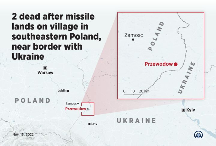 爆発が起きたポーランドのプシェボドフ村の位置。ウクライナ国境に近いことが分かる