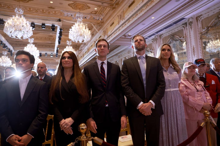 Starting second from left: Kimberly Guilfoyle, Jared Kushner, Eric Trump and Lara Trump listen as former President Donald Trump announces his 2024 run on Tuesday.