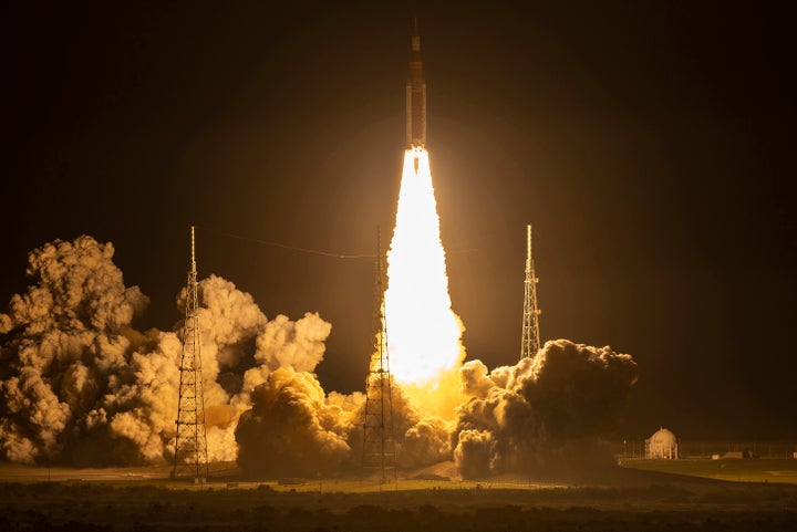 NASA’s Artemis I Space Launch System (SLS) rocket, with the Orion capsule attached, launches at NASA's Kennedy Space Center on Wednesday